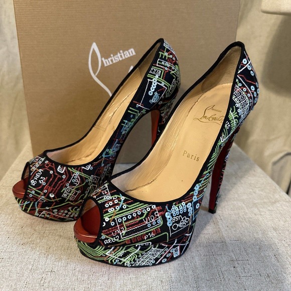 Christian Louboutin red bottom heels computer chip Peep Geek Embroidered Size 8 - Picture 1 of 14